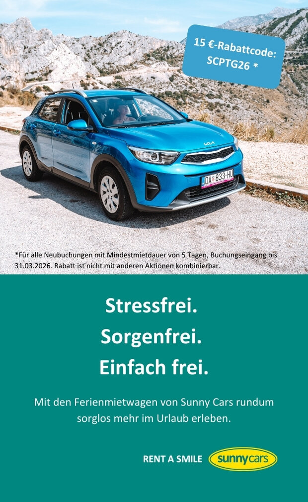 Bild eines Mietwagens auf der Strasse